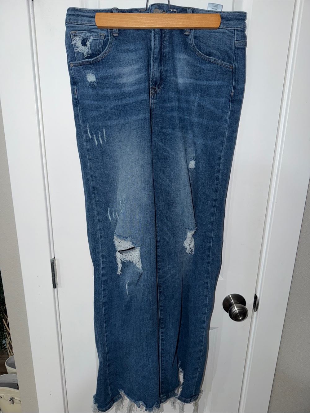 Risen High-Rise Distressed Wide Leg Jeans - Blue